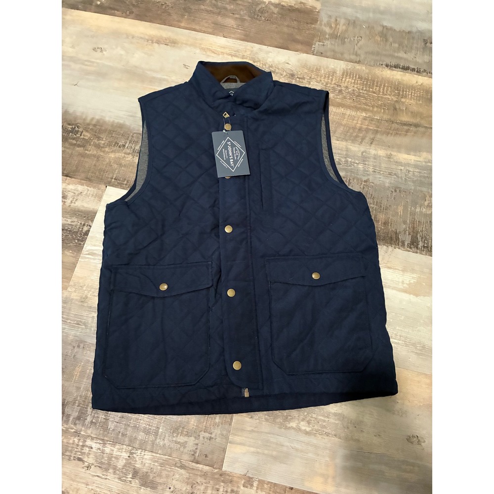 St Johns Bay Mens Quilted Puffer Vest Navy Blue Full Zip Snap Front Medium NWT